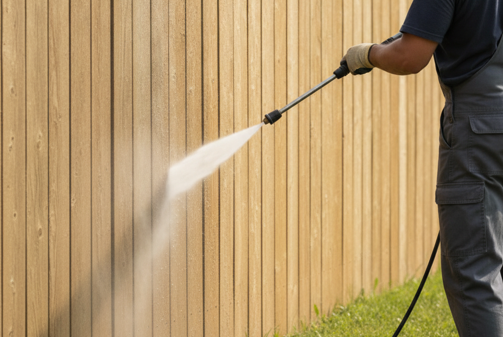 pressure washing house fence - do not show the face of the pressure washer