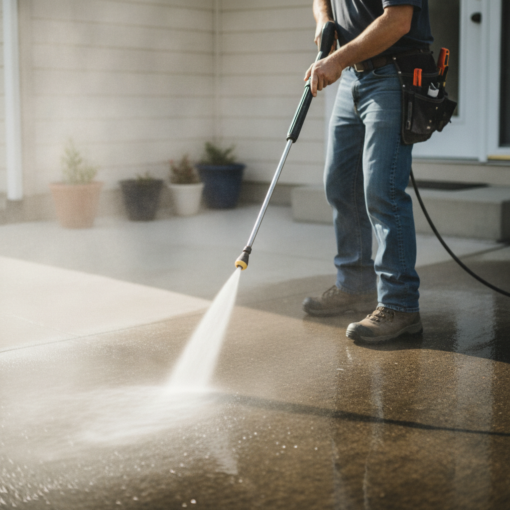 pressure washing house patio - only show the lower torso of the pressure washer