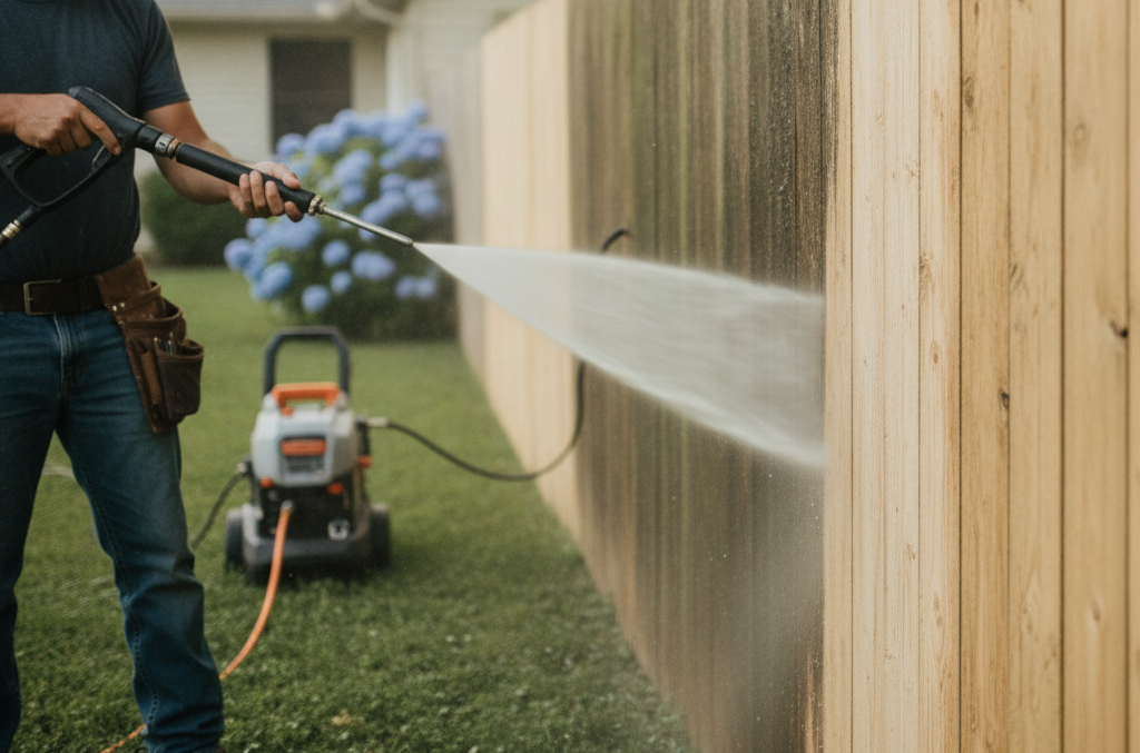 pressure washing house fence - do not show the face of the pressure washer