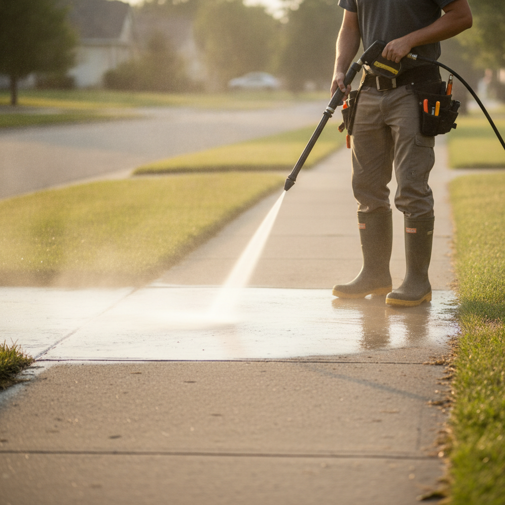 pressure washing sidewalk - only show the lower torso of the pressure washer