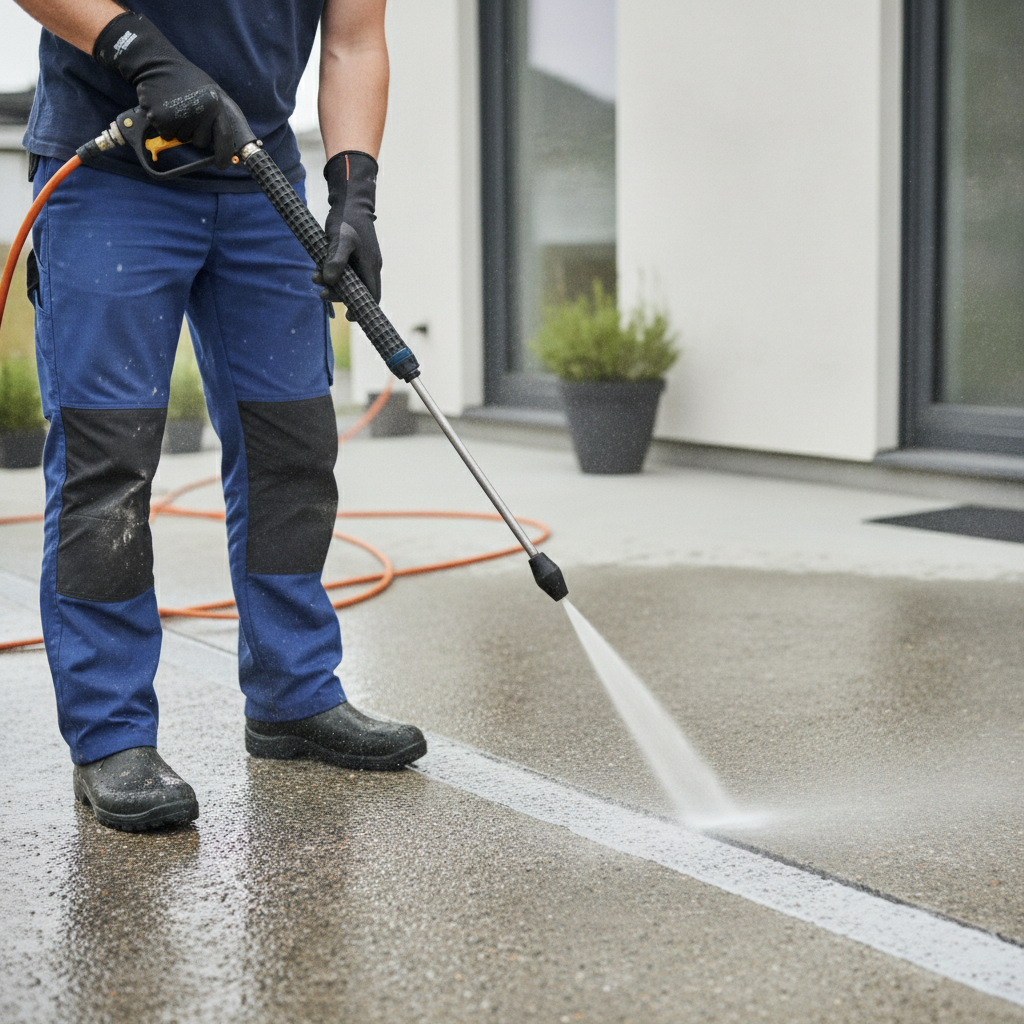 pressure washing house patio - only show the lower torso of the pressure washer